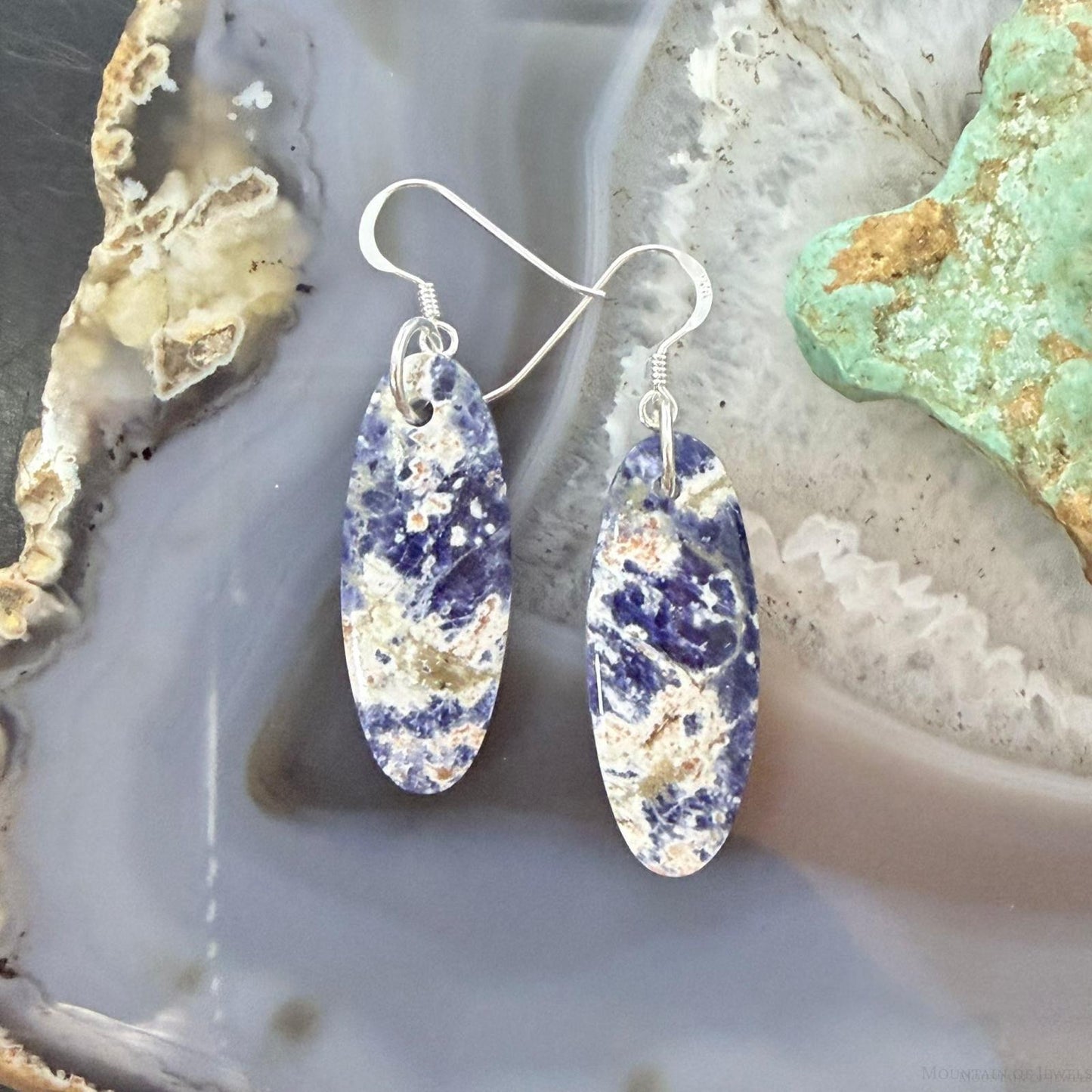 Sterling Silver Oval Sodalite Slab Dangle Earrings For Women #503