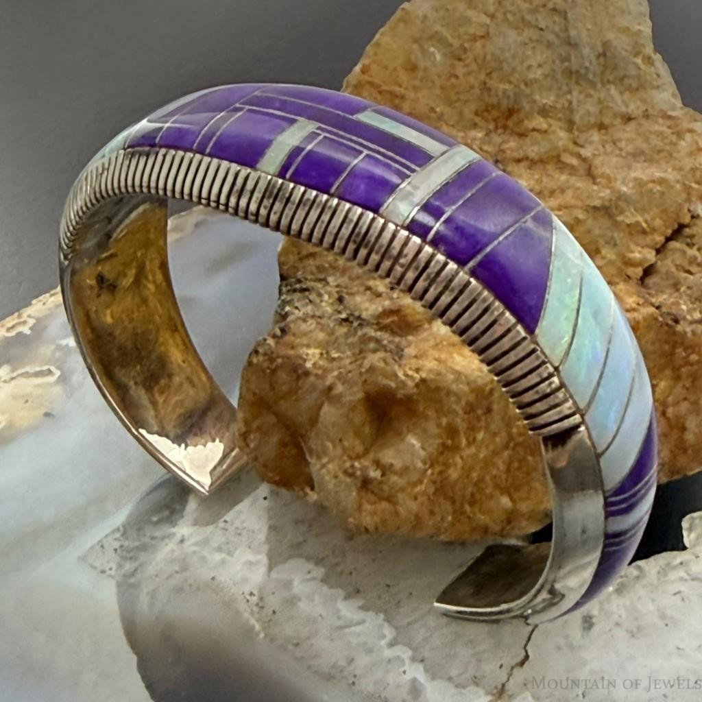 Vintage Native American Sterling Silver Sugilite & Opal Inlay Bracelet For Women