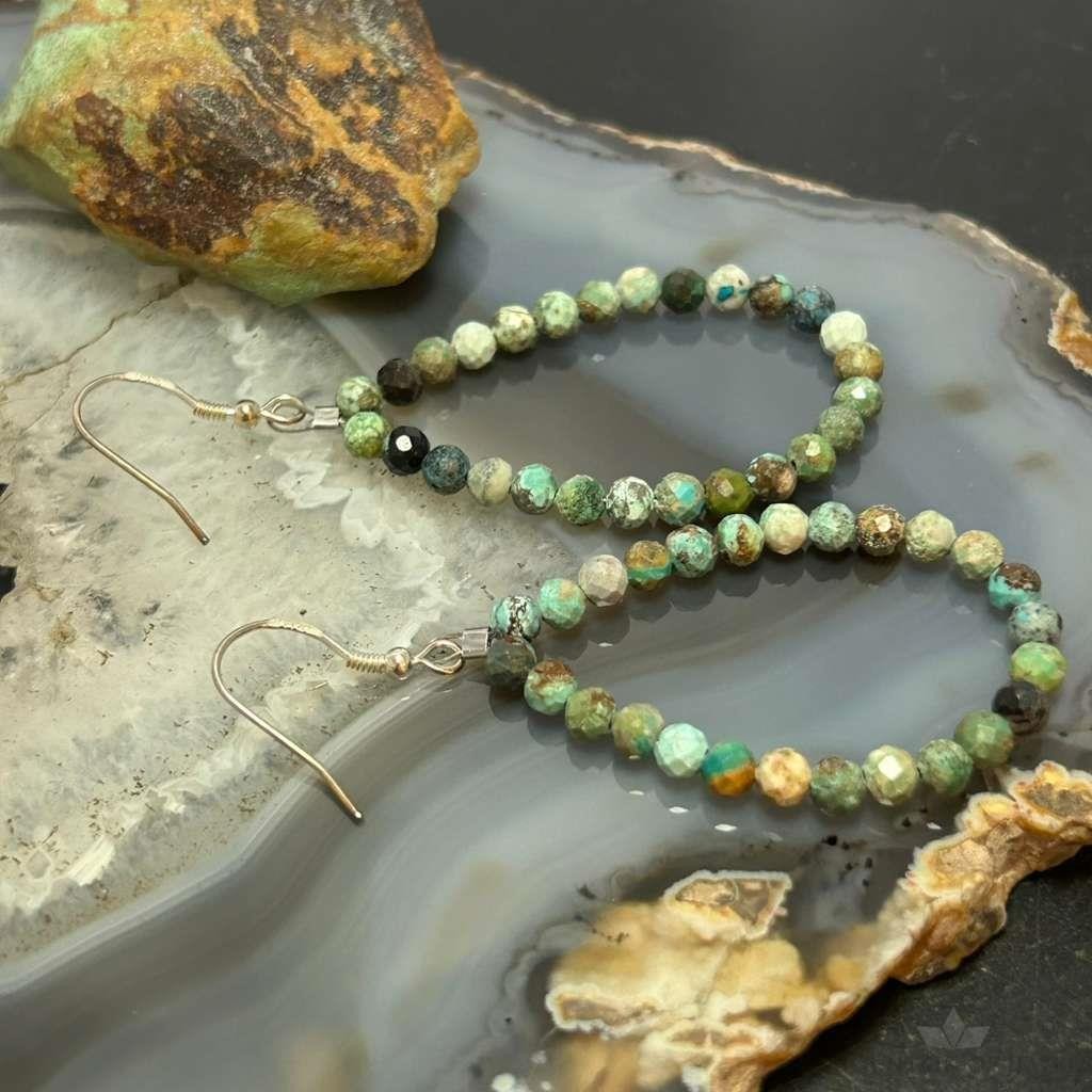 Sterling Silver Rounded Faceted Hubei Turquoise Hoop Dangle Earrings For Women