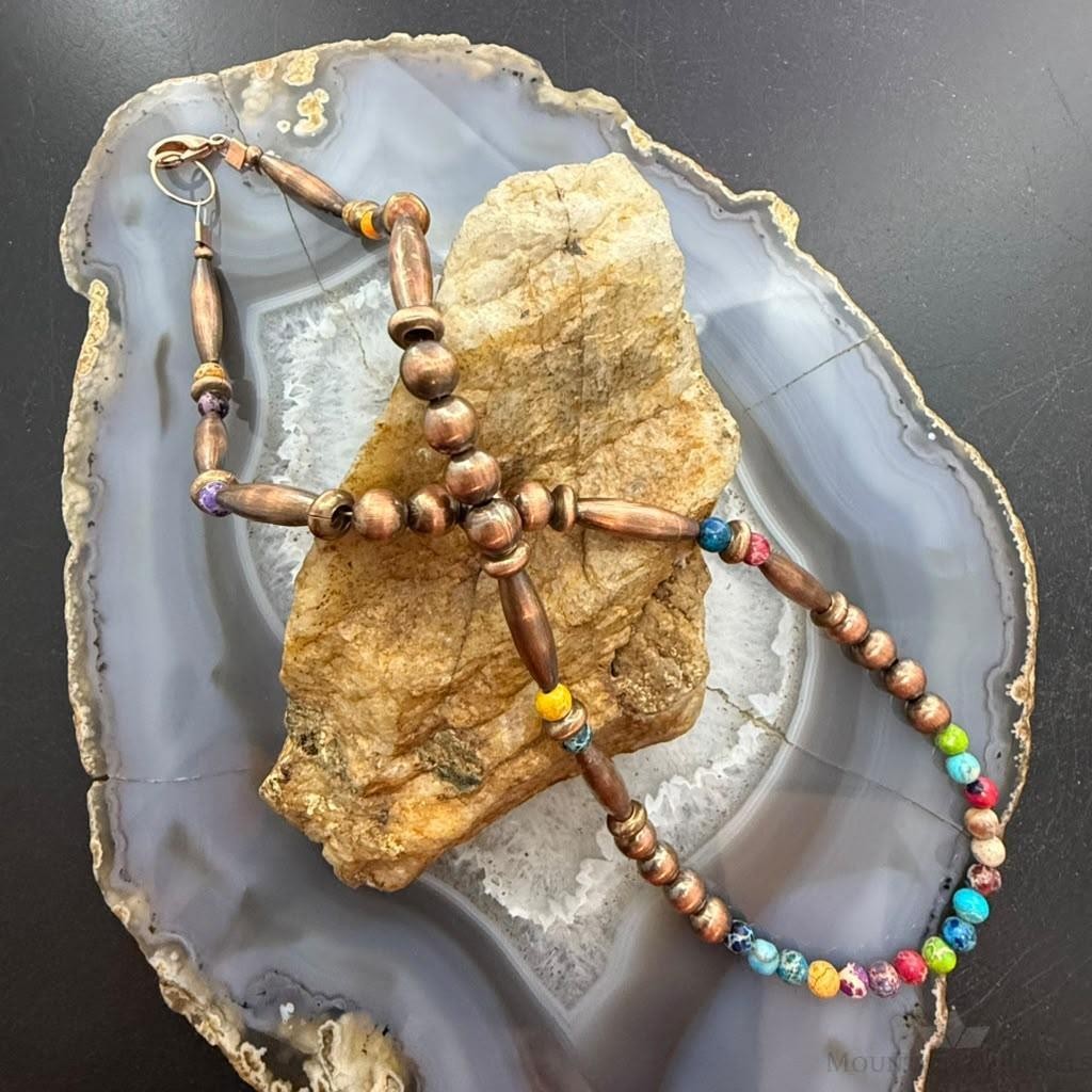 Copper Navajo Pearl Round & Cylinder w/Multi Color Sediment Jasper 18" Necklace For Women