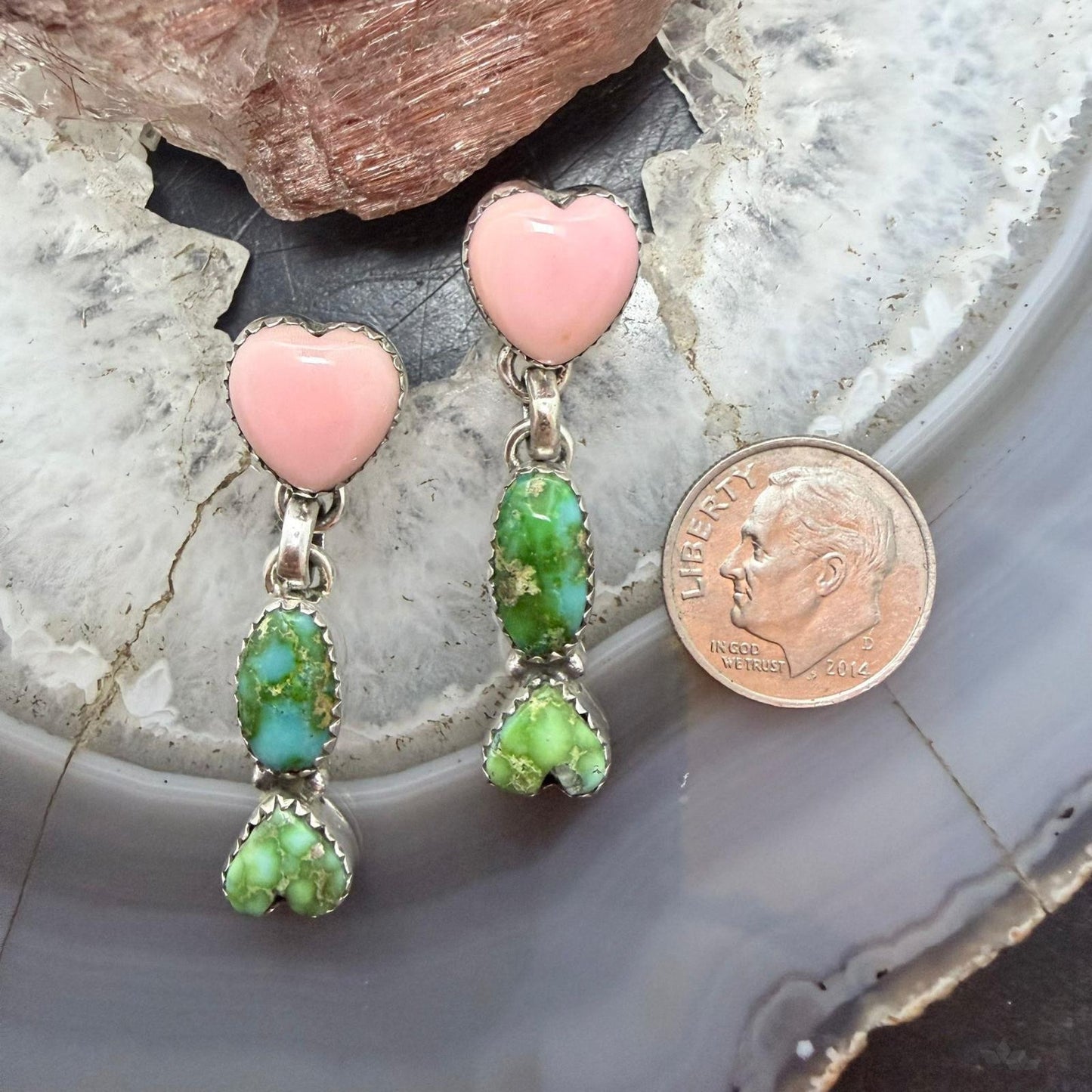 Sterling Silver Southwestern Style Sonora Gold Turquoise & Pink Conch Dangle Earrings For Women