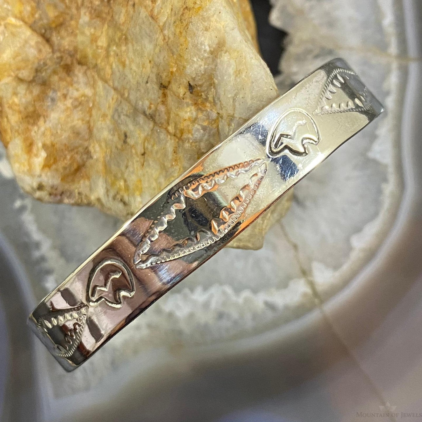 Vintage Native American Sterling Silver Southwestern Motif Stamped Bracelet For Women