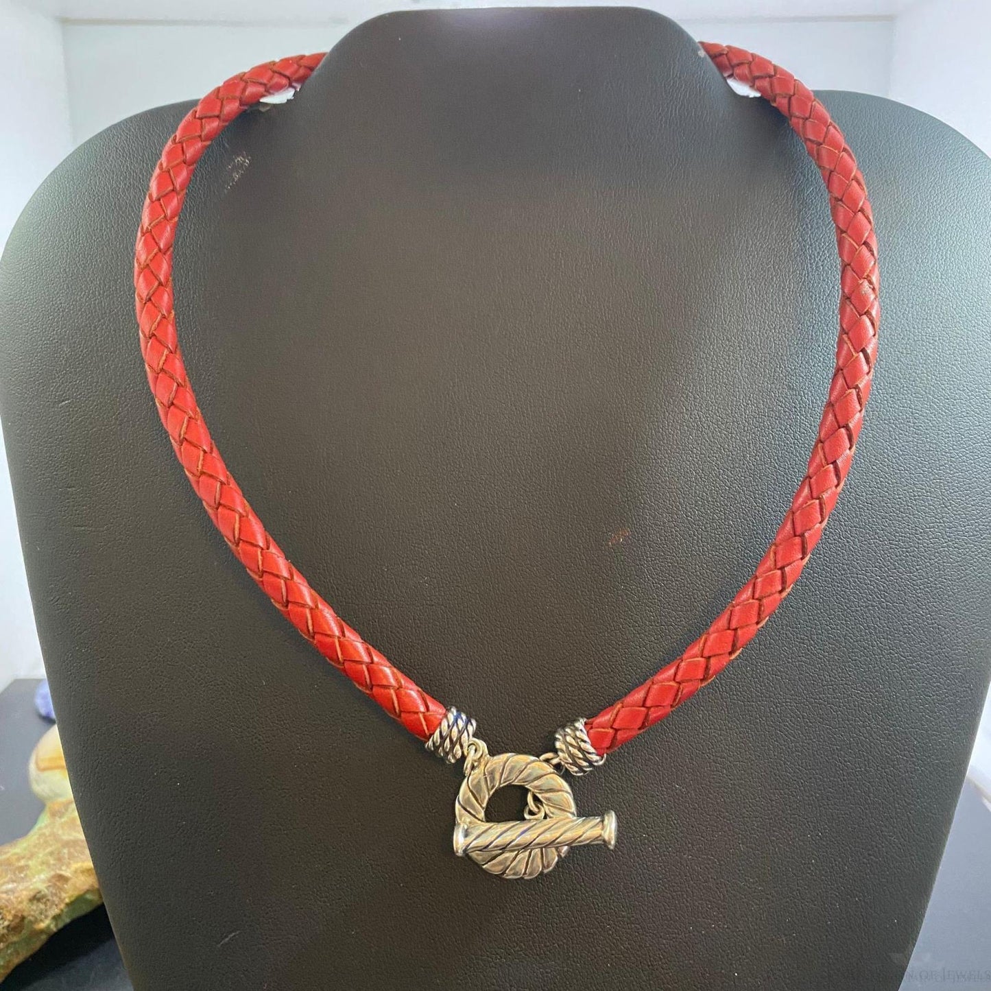 Carolyn Pollack Sterling Silver Medium Red Braided Leather Toggle Clasp Necklace