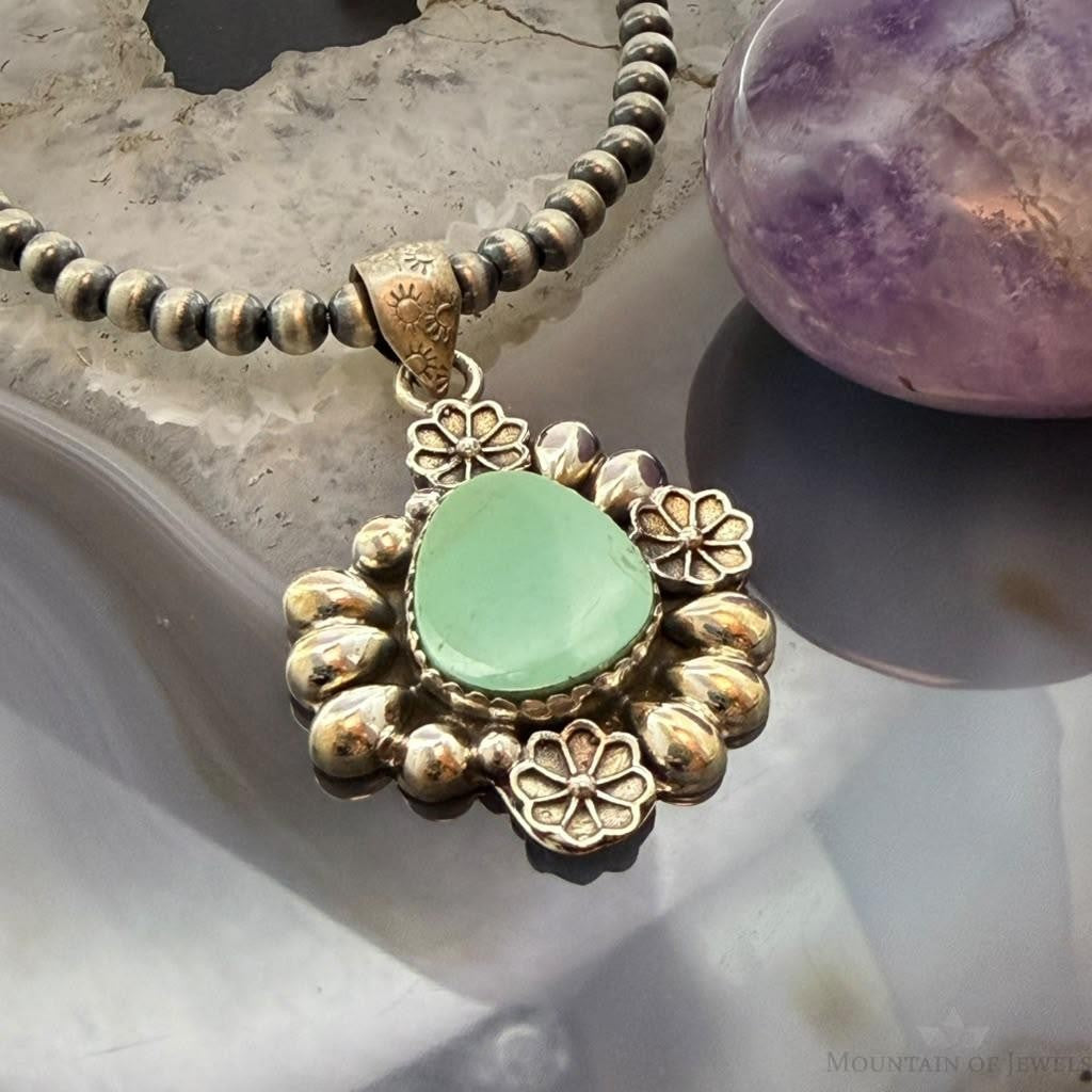 Sterling Silver Southwestern Style Turquoise w/Flower Decorated Pendant For Women #1