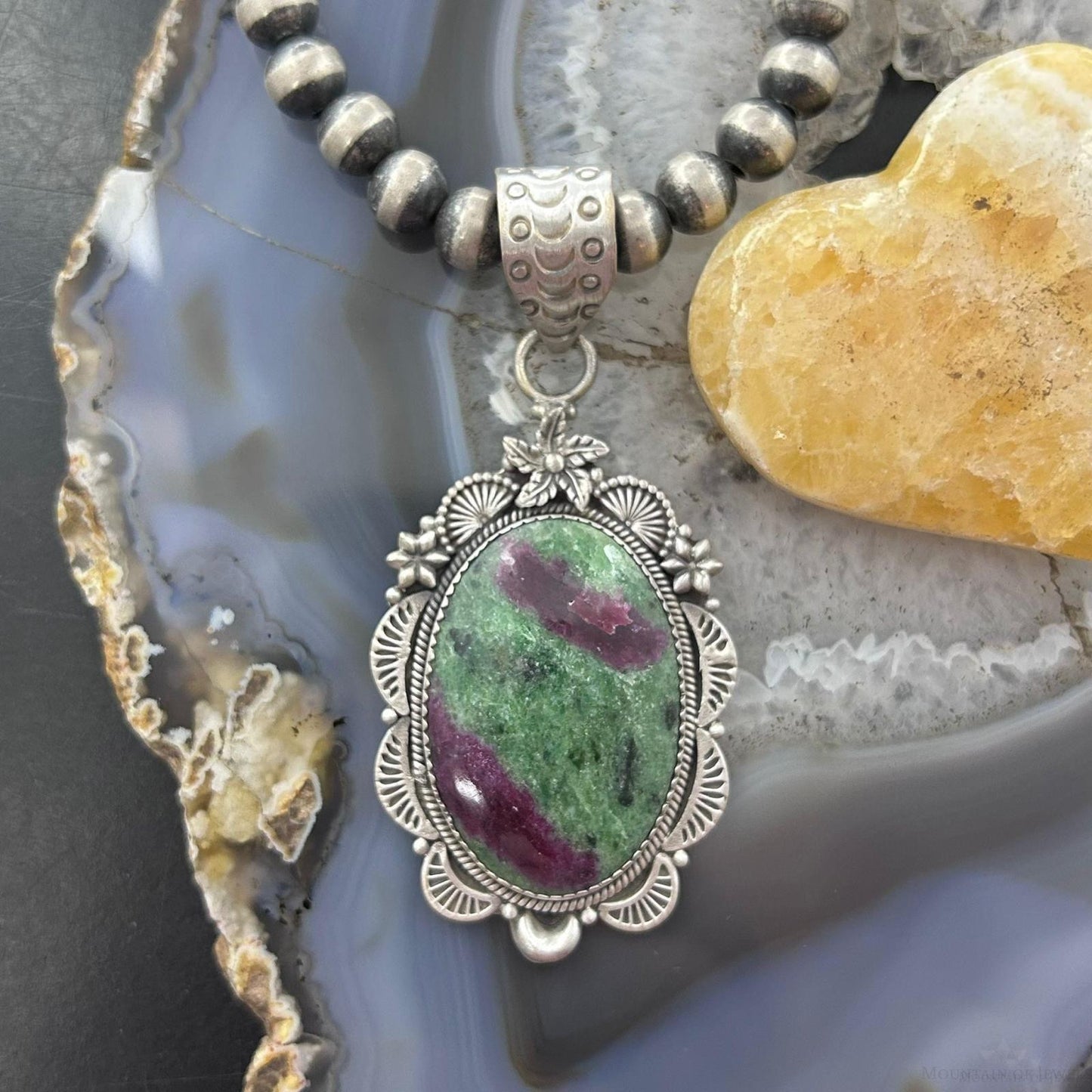 Sterling Silver Southwestern Style Oval Ruby Zoisite Decorated Pendant For Women
