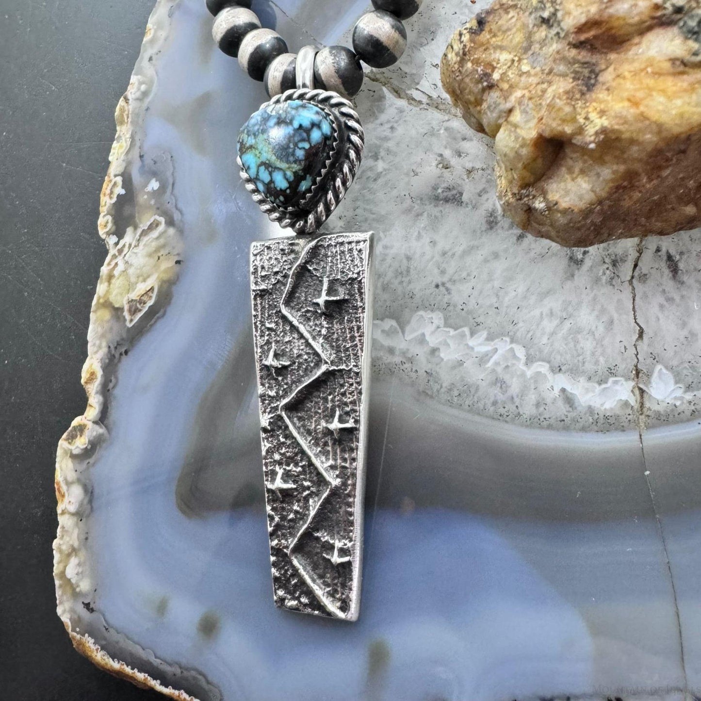 Cheyenne Custer Navajo Native American Sterling Silver & Turquoise Maiden Tufa Cast Unisex Pendant