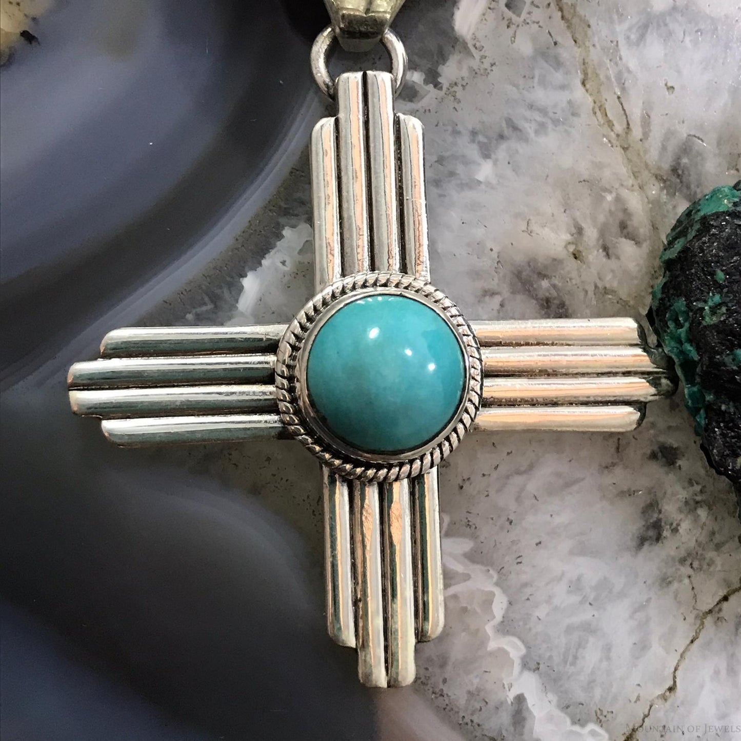 Native American Sterling Silver Round Turquoise Unisex Zia Pendant
