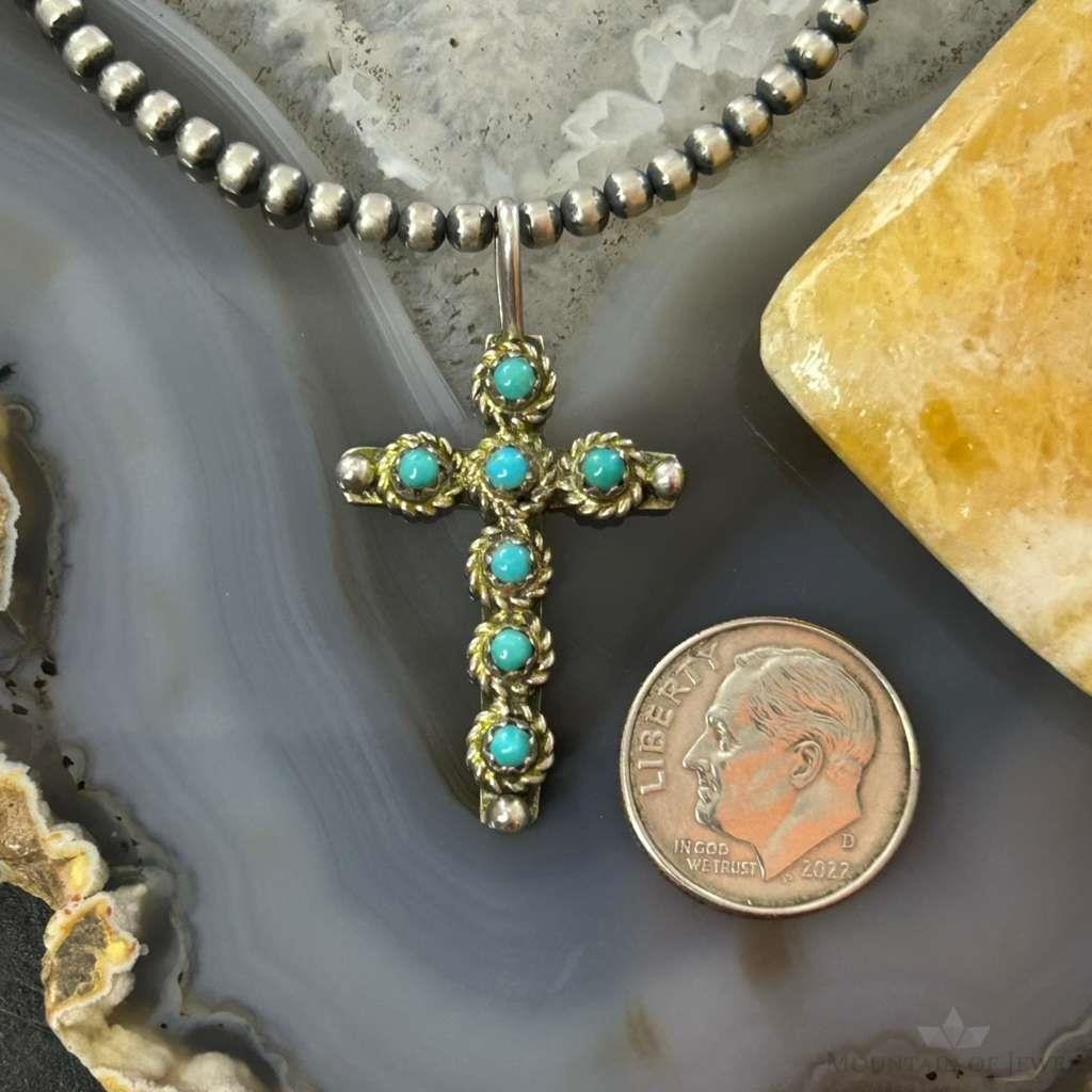 Vintage Signed Sterling Silver Petite Point Turquoise Unisex Cross Pendant