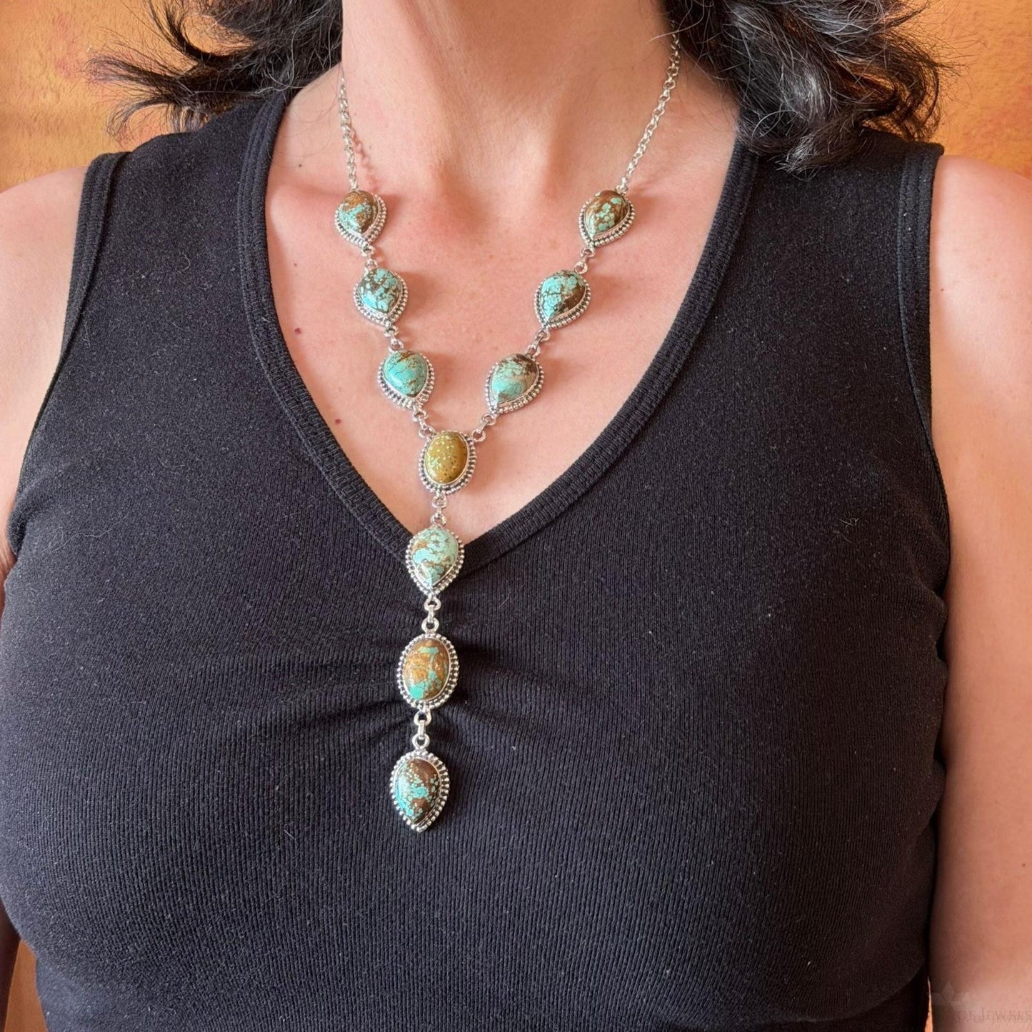 Sterling Silver Southwestern Style Turquoise #8 Cluster Lariat 28" Necklace For Women