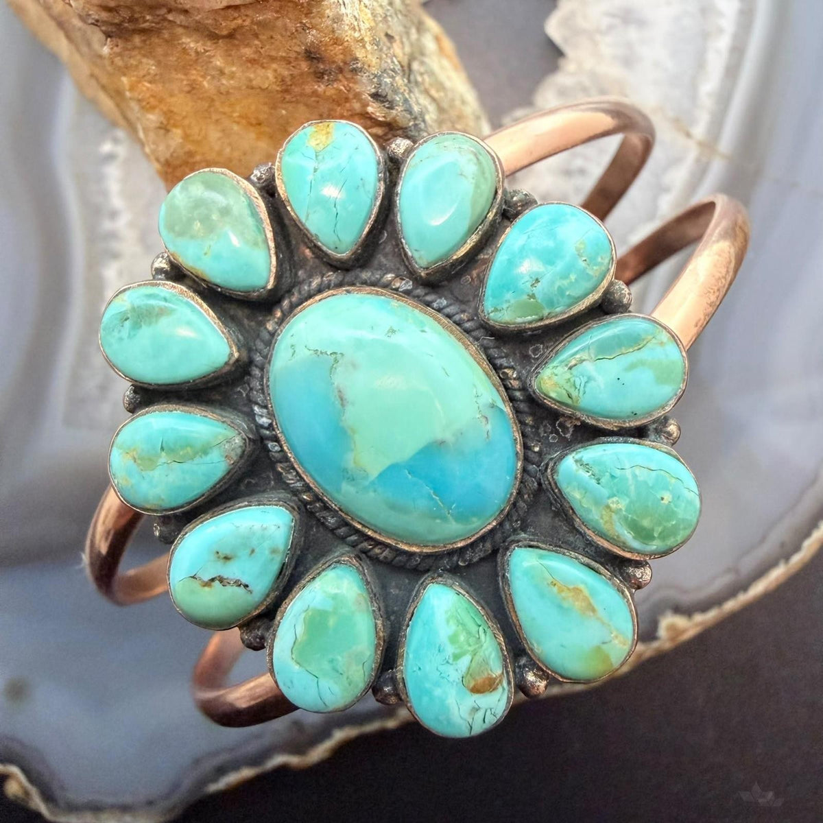 Copper Southwestern Style Mohave Turquoise Decorated Cluster Bracelet For Women
