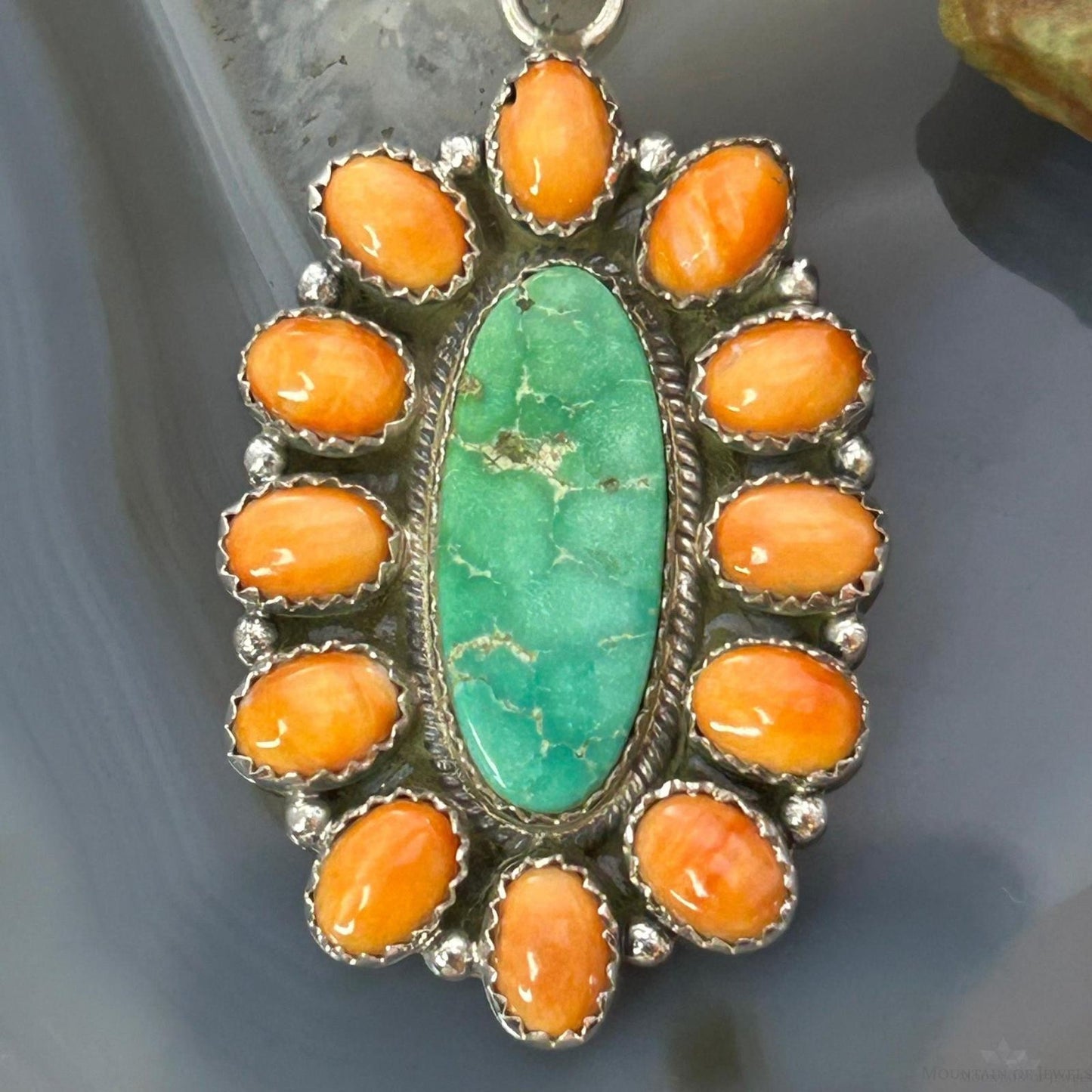Sterling Silver Southwestern Spiny Oyster & Emerald Valley Turquoise Cluster Pendant For Women