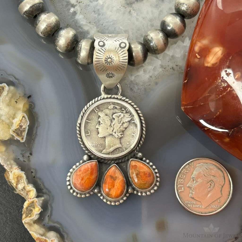 Genuine 1918 90% Silver Mercury Dime Coin w/Teardrop Orange Spiny Oyster Pendant