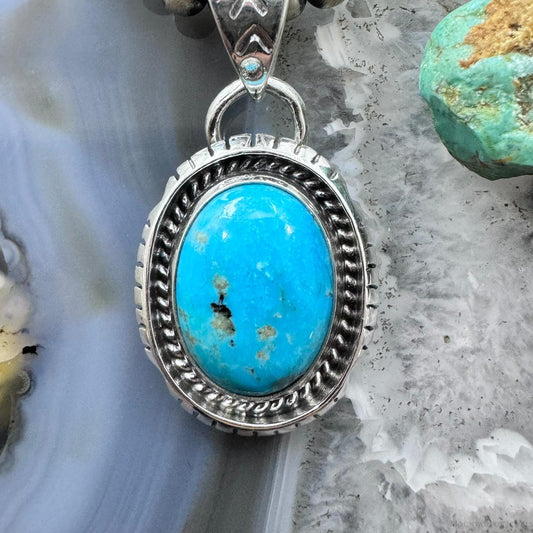 Native American Sterling Silver Oval Turquoise Decorated Unisex Pendant