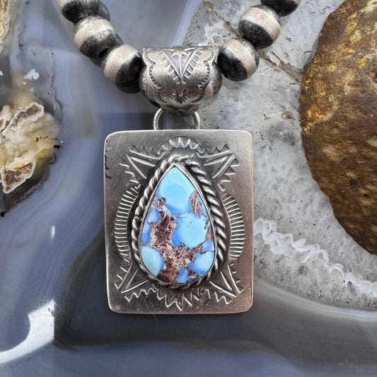 Native American Sterling Silver Teardrop Golden Hill Turquoise Decorated Pendant