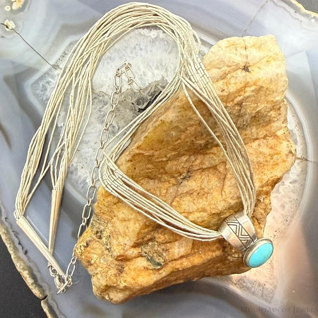 Vintage Liquid Silver 10 Strands w/Pendant Bear & Turquoise Necklace For Women