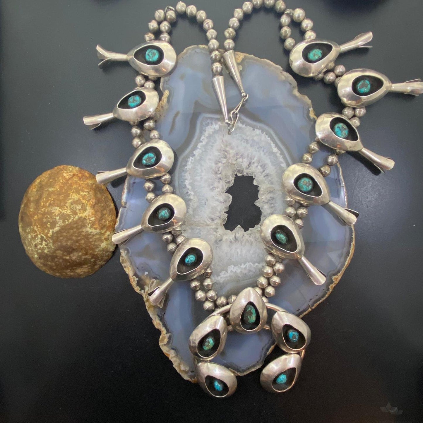 Native American Silver Shadow Box Turquoise Squash Blossom Necklace 31"