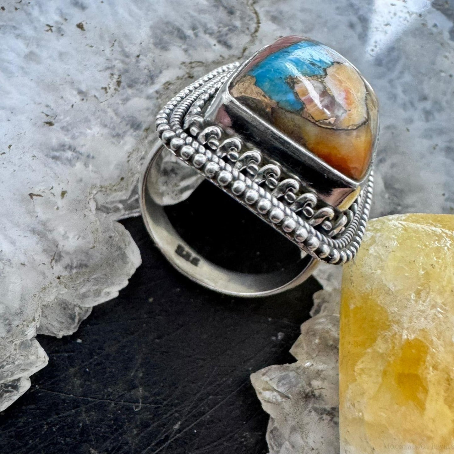 Sterling Silver Southwestern Style Rectangle Composite Spiny Oyster Turquoise Ring 6.75 For Women