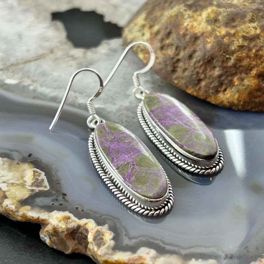 Sterling Silver Southwestern Style Oval Stichtite Dangle Earrings For Women