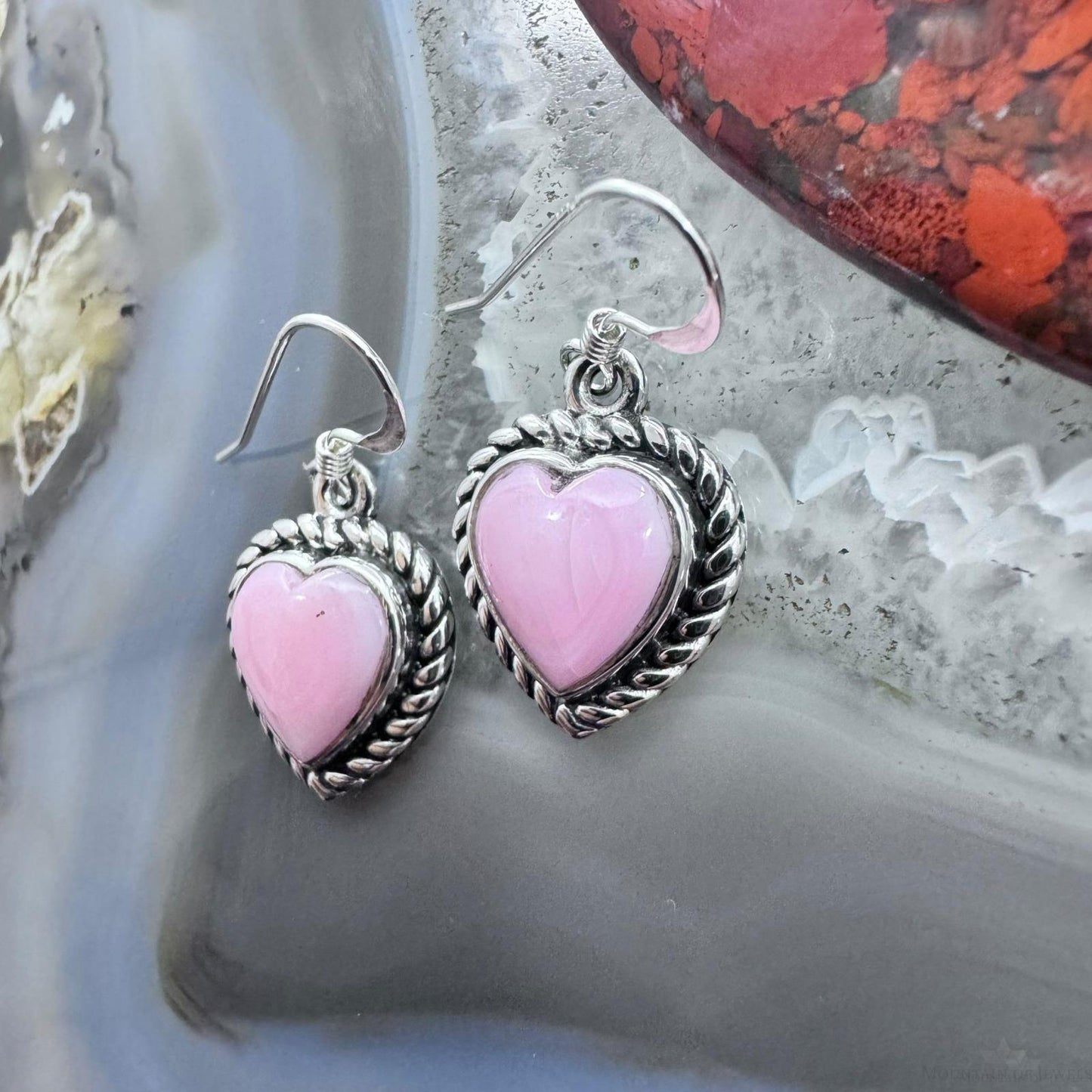 Native American Sterling Silver Heart Shape Pink Conch Dangle Earrings For Women