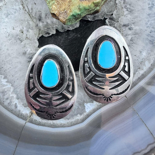 Abraham Begay Native American Sterling Silver Turquoise Overlay Post Earrings For Women