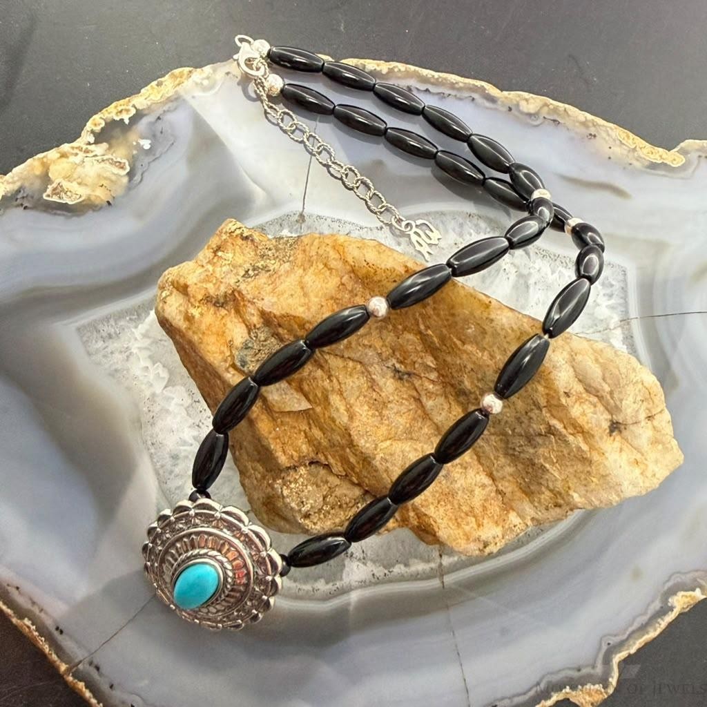 Carolyn Pollack Sterling Silver Turquoise Concho Pendant on Onyx Beads Necklace For Women