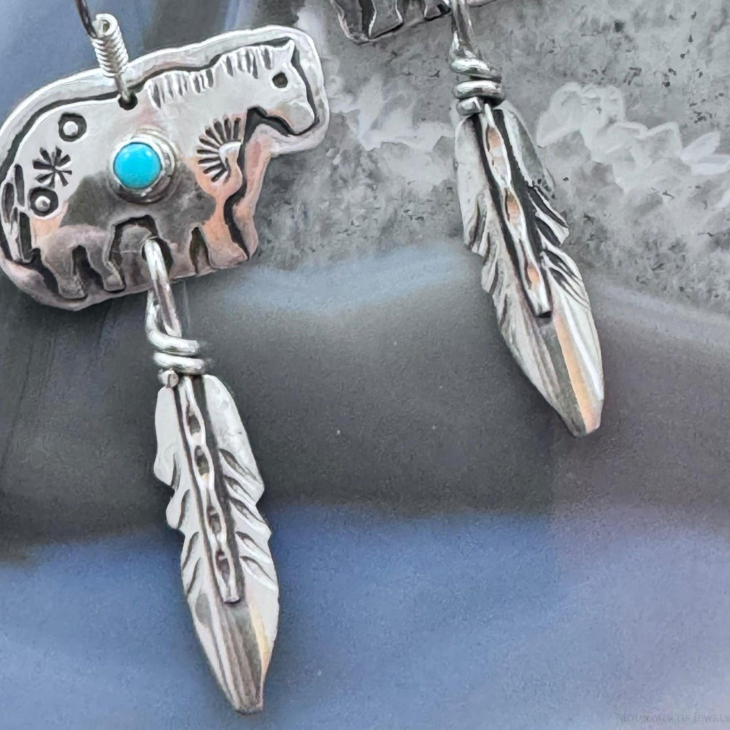 Native American Sterling Silver Horse w/Turquoise & Feather Dangle Earrings For Women