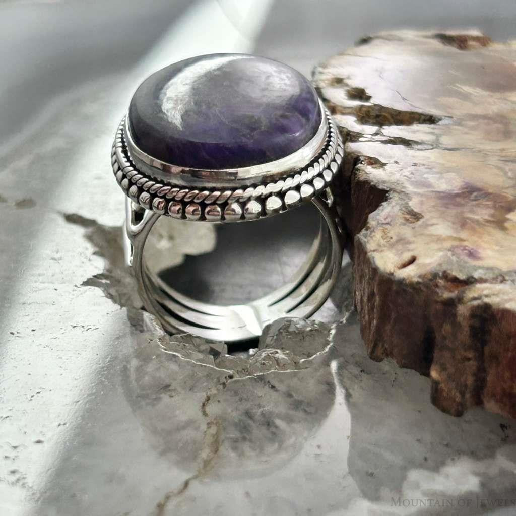 Sterling Silver Southwestern Style Oval Charoite Decorated Ring Size 7 For Women