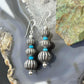 Native American Sterling Silver Grooved Saucer Pearl Beads w/Turquoise Dangle Earringsn For Women