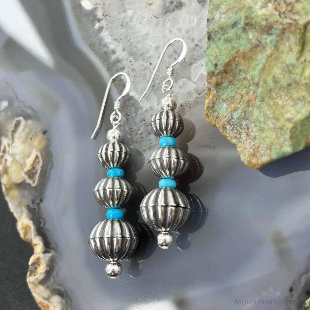 Native American Sterling Silver Grooved Saucer Pearl Beads w/Turquoise Dangle Earringsn For Women