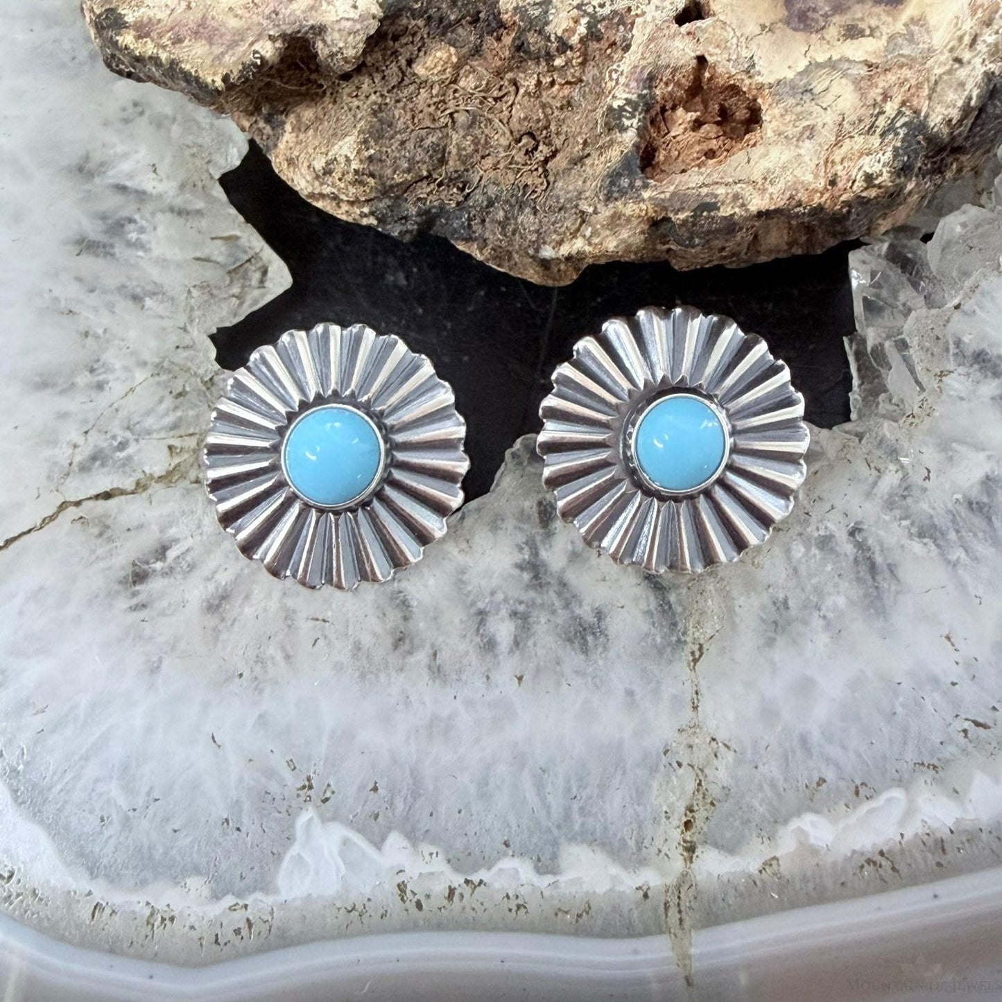 Native American Sterling Silver Sun Rays w/Turquoise Post Earrings For Women