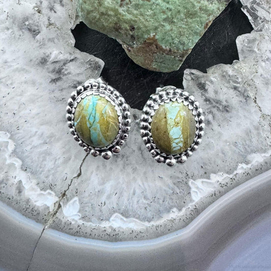 Sterling Silver Southwestern Style Oval Boulder Ribbon Turquoise Stud Earrings For Women