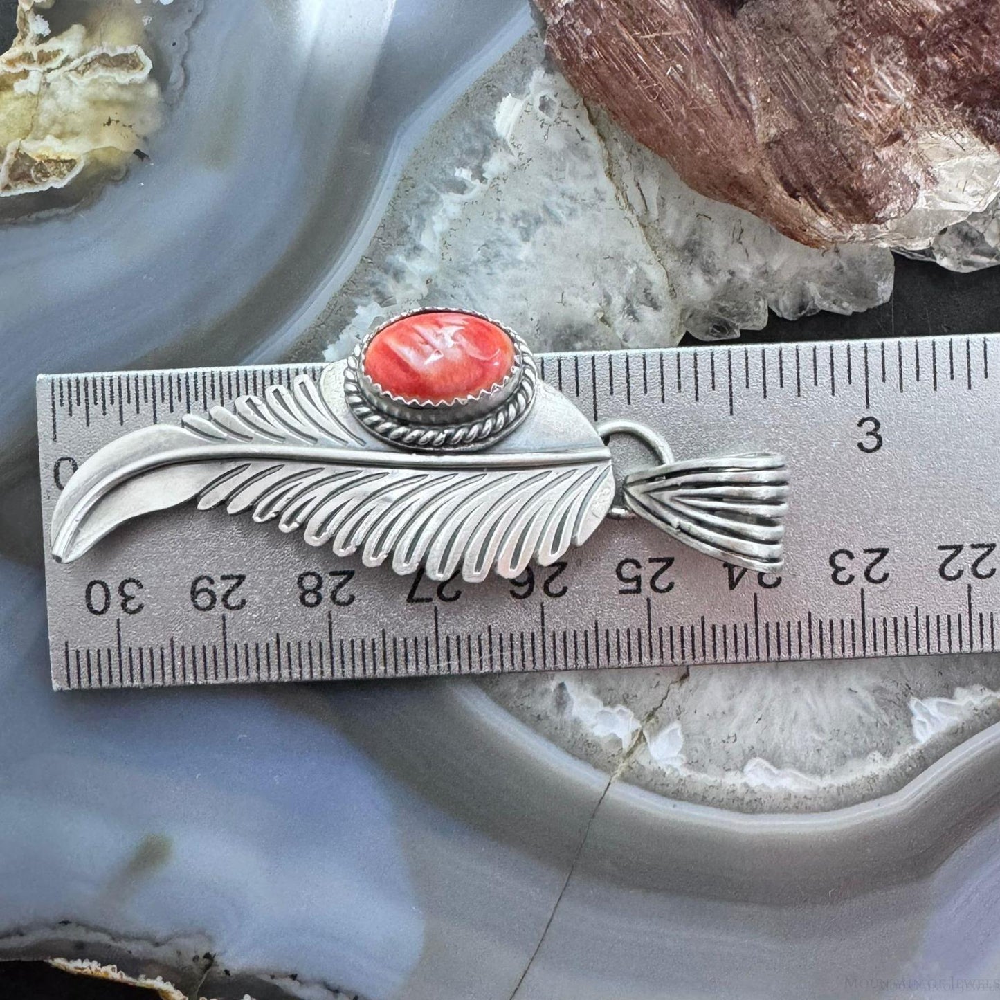 Native American Sterling Silver Orange Spiny Oyster Feather Pendant For Women