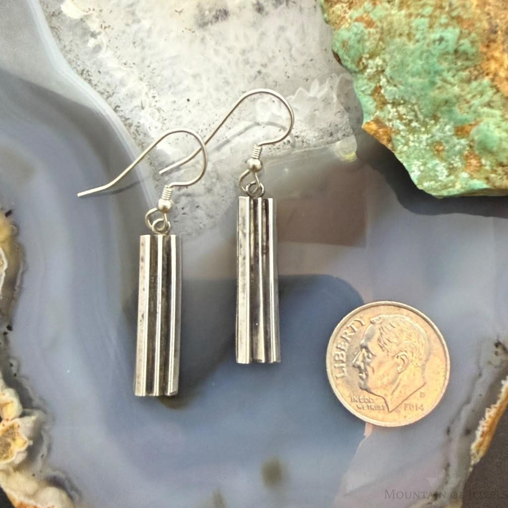 Lyle Wright Taos Pueblo Silver Grooved Rectangle Dangle Earrings For Women