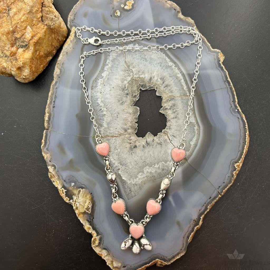 Sterling Silver Southwestern Style Pink Conch & Wild Horse Lariat 22" Necklace For Women