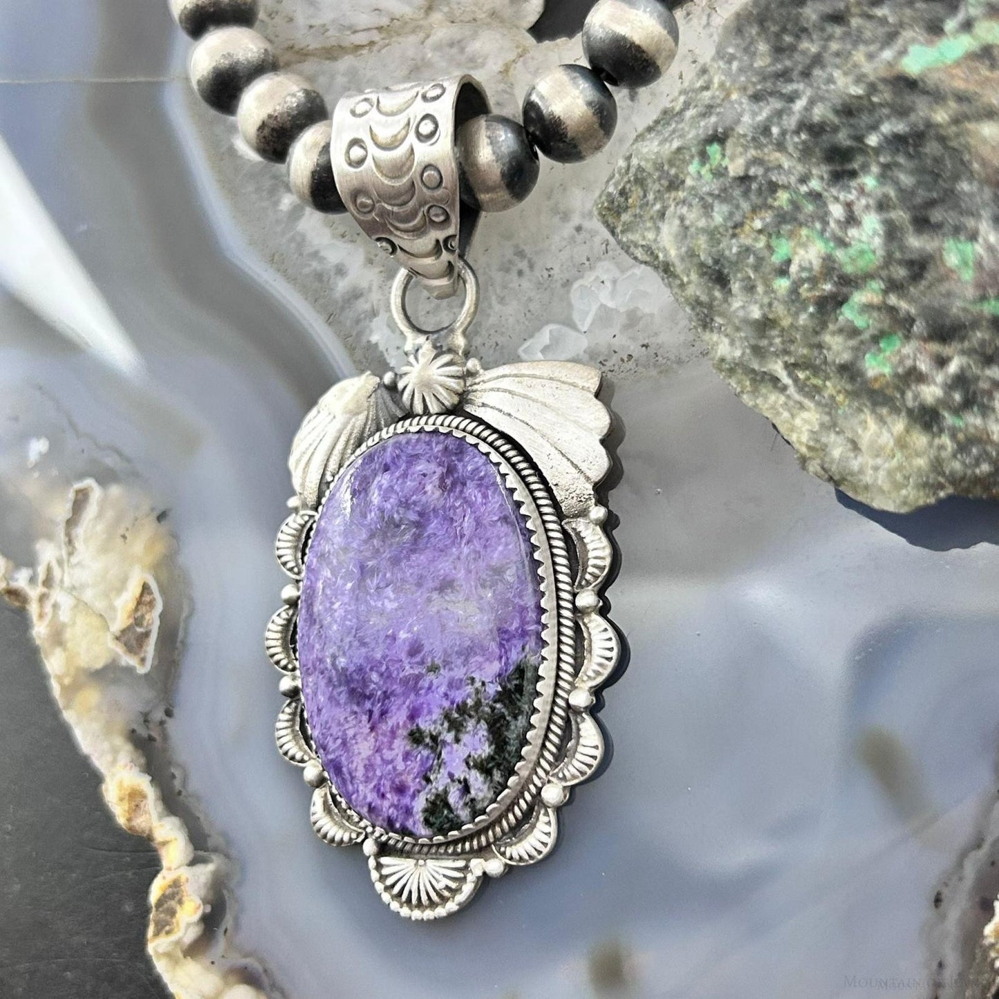Sterling Silver Southwestern Style Oval Charoite Decorated Pendant For Women #1