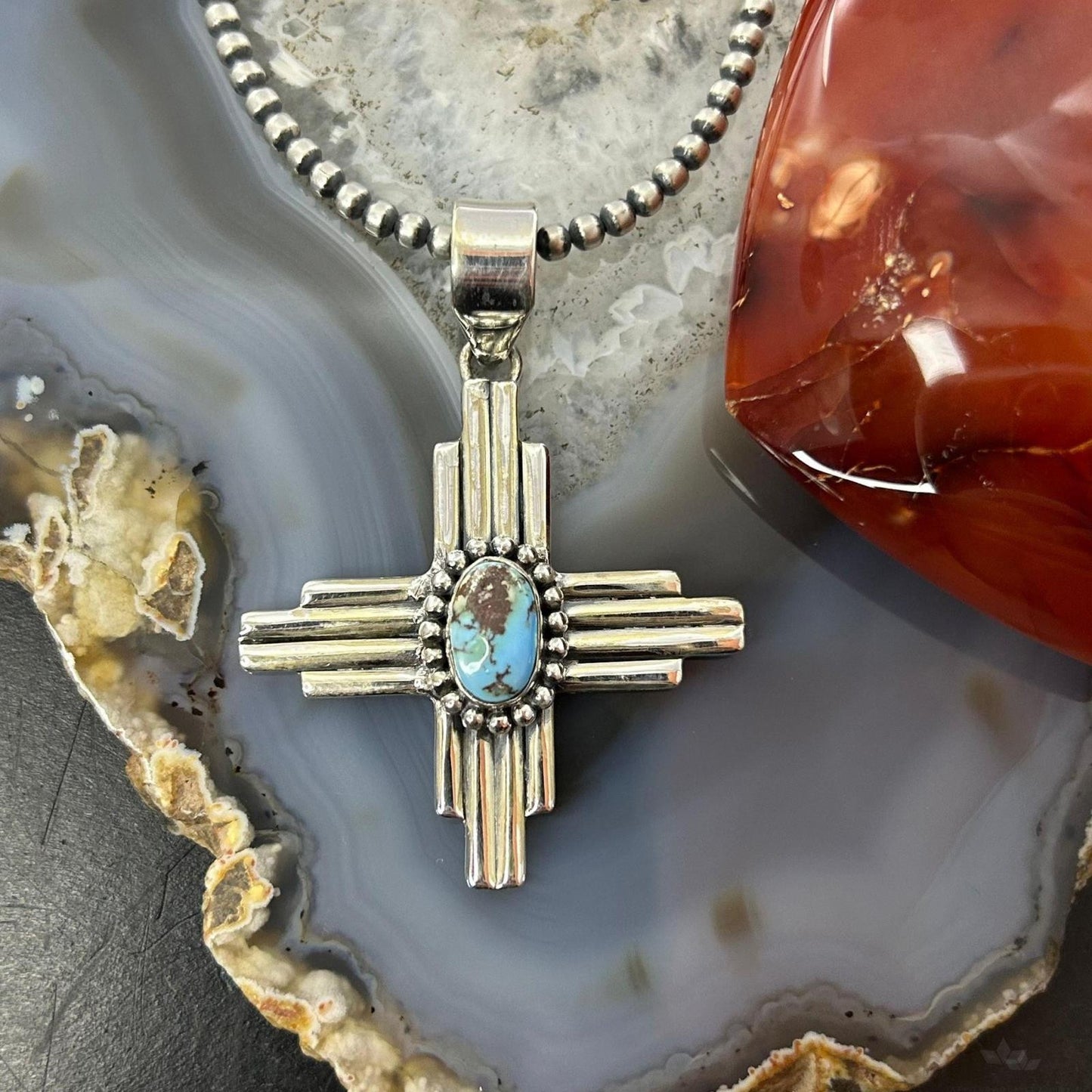 Sterling Silver Southwestern Style Oval Golden Hill Turquoise Unisex Zia Pendant