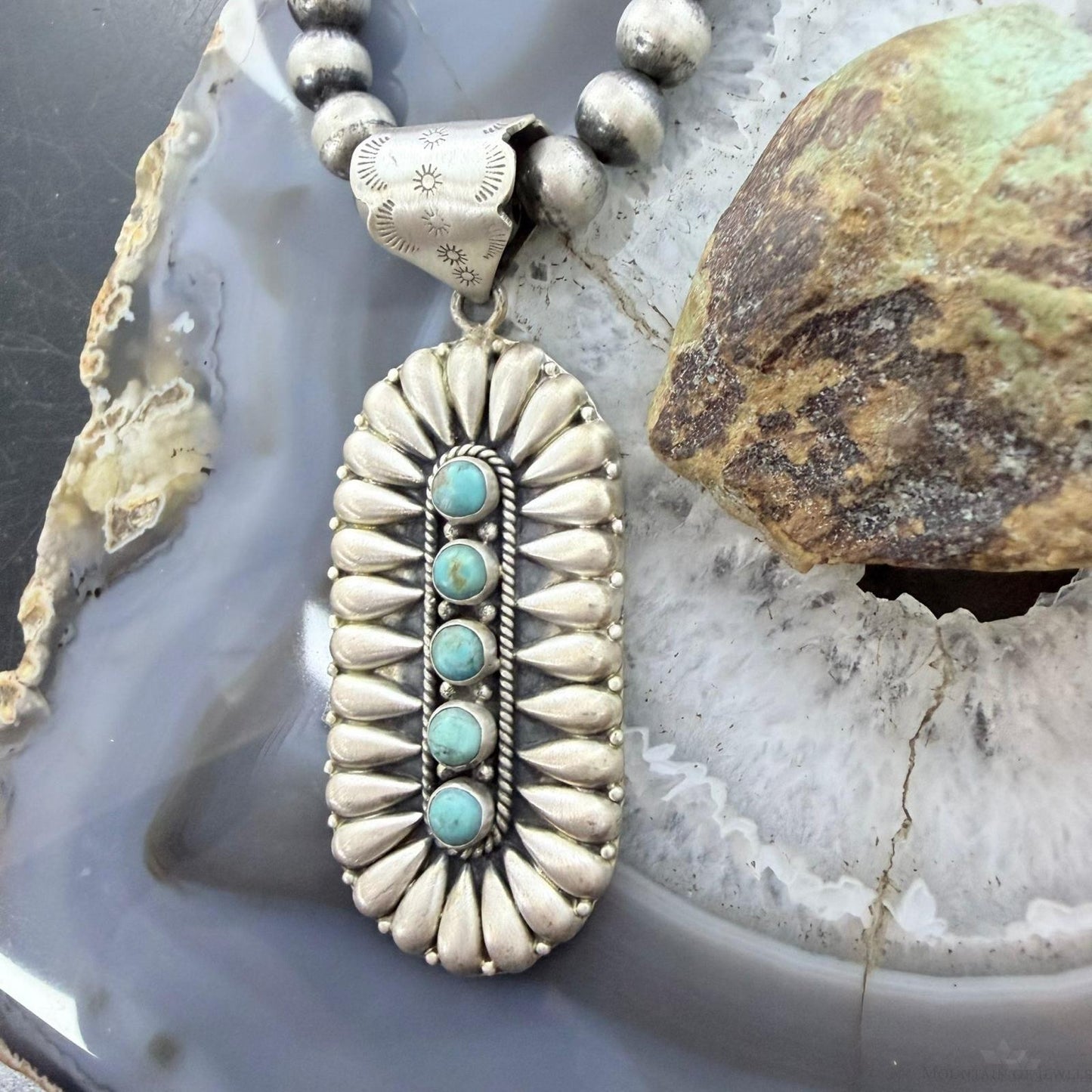 Sterling Silver Southwestern Style Turquoise &Silver Teardrop Cluster Pendant For Women