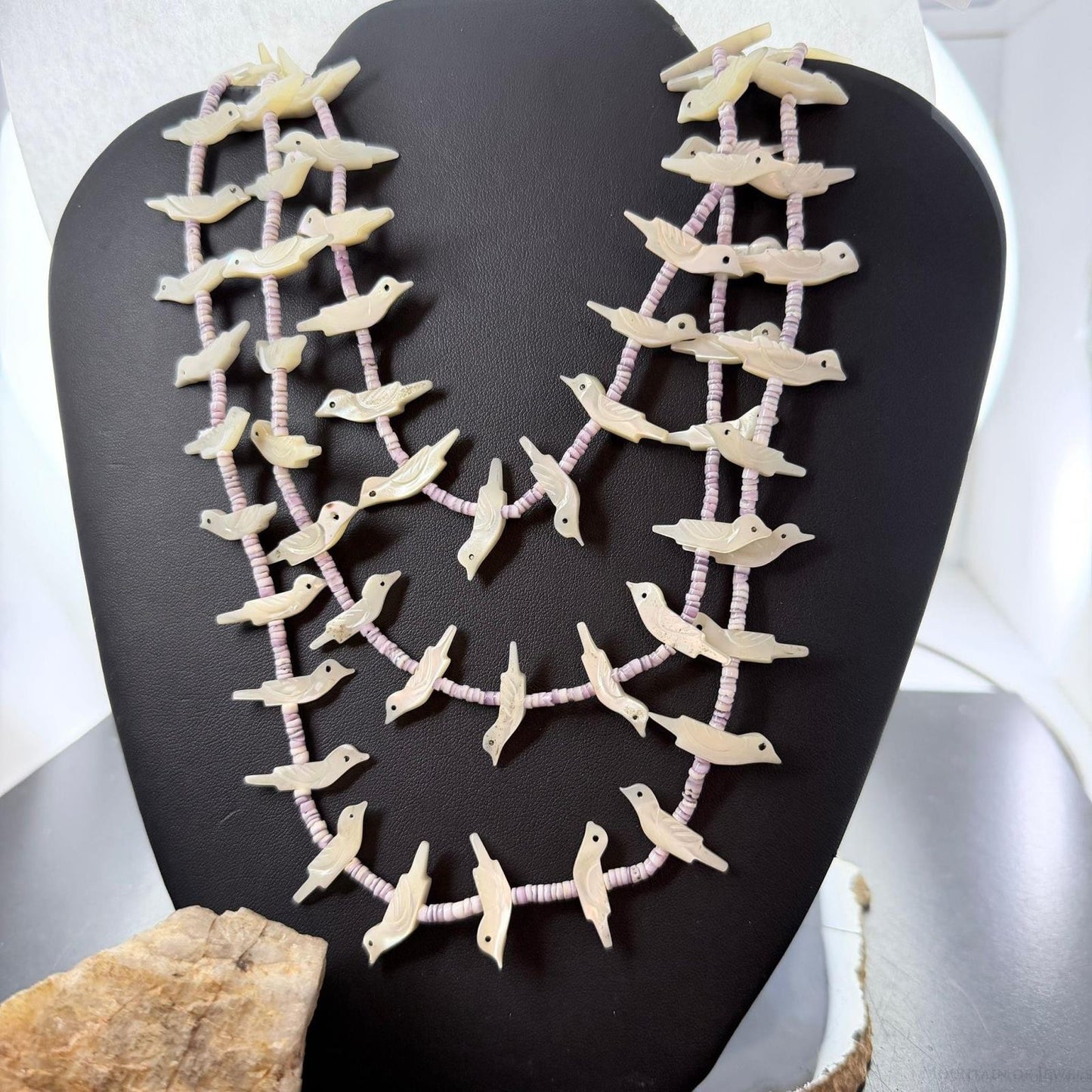 Vintage Sterling Silver 3 Strands White Shell Carved Birds & Shell Necklace For Women