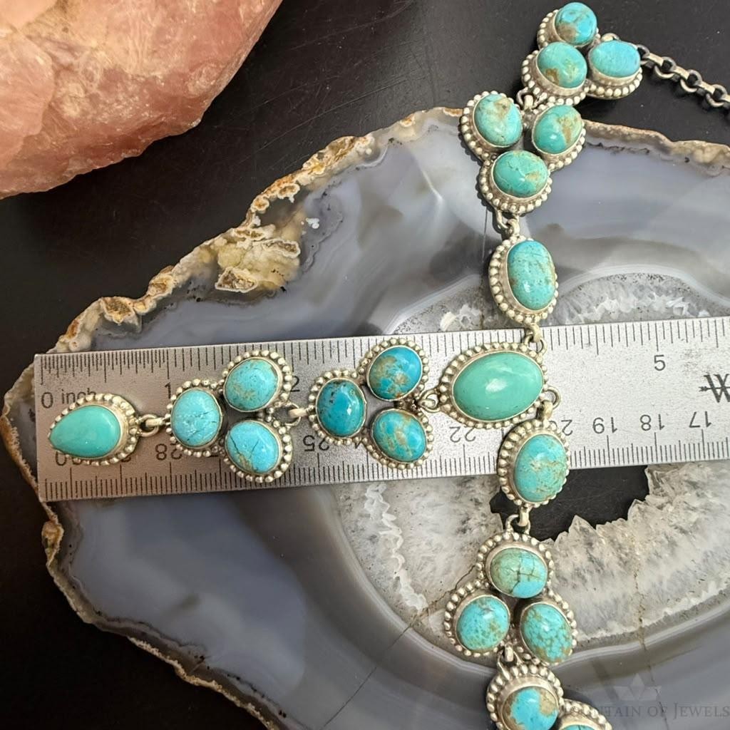 Sterling Silver Southwestern Style KingmanTurquoise Lariat Cluster 23" Necklace For Women