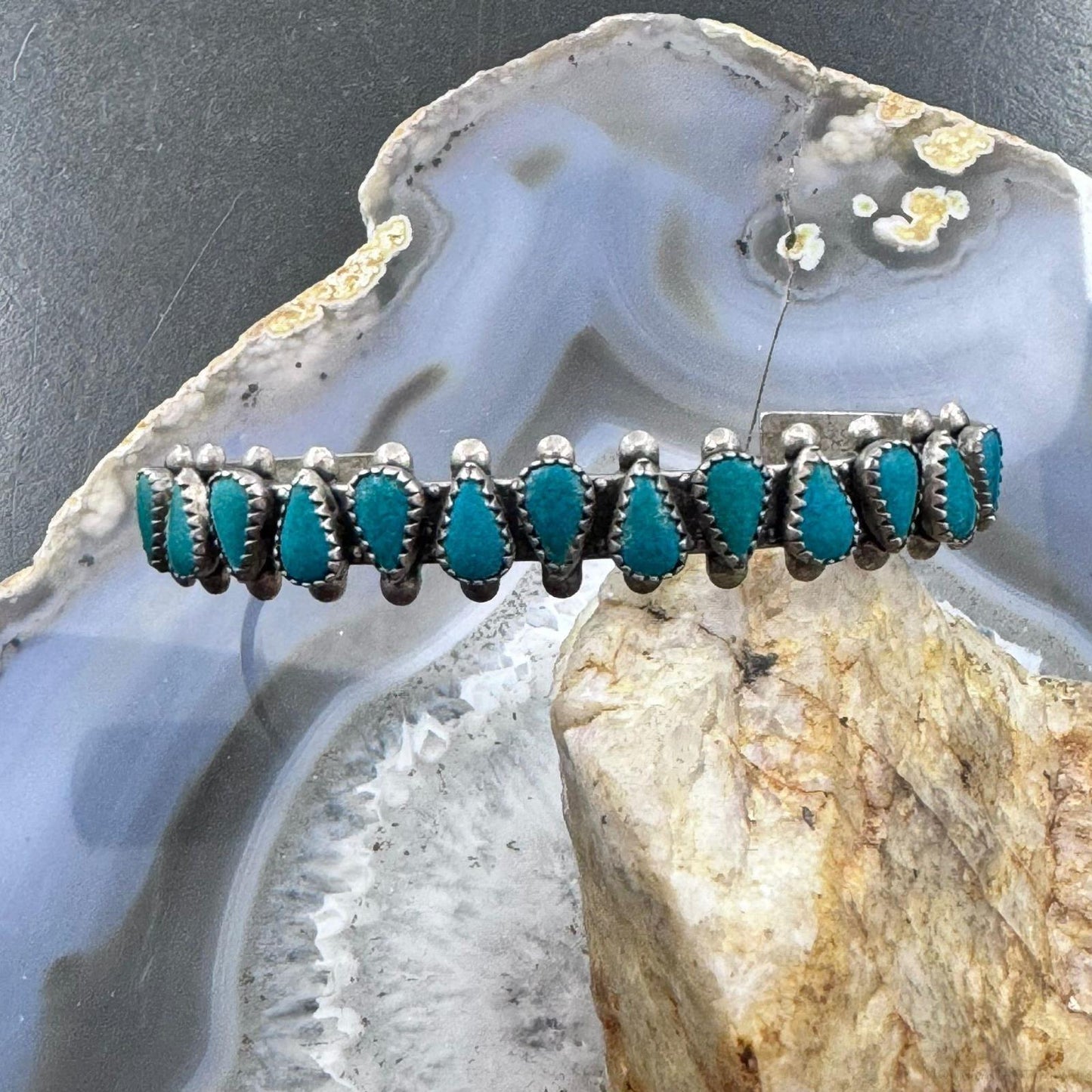 Native American Vintage Sterling Silver 13 Teardrop Turquoise Row Bracelet For Women