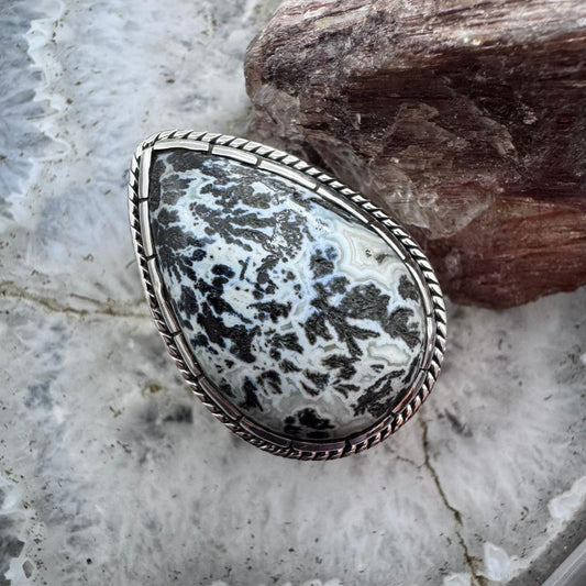 Sterling Silver Southwestern Style Teardrop Parral Dendritic Decorated Ring Size 10 For Women