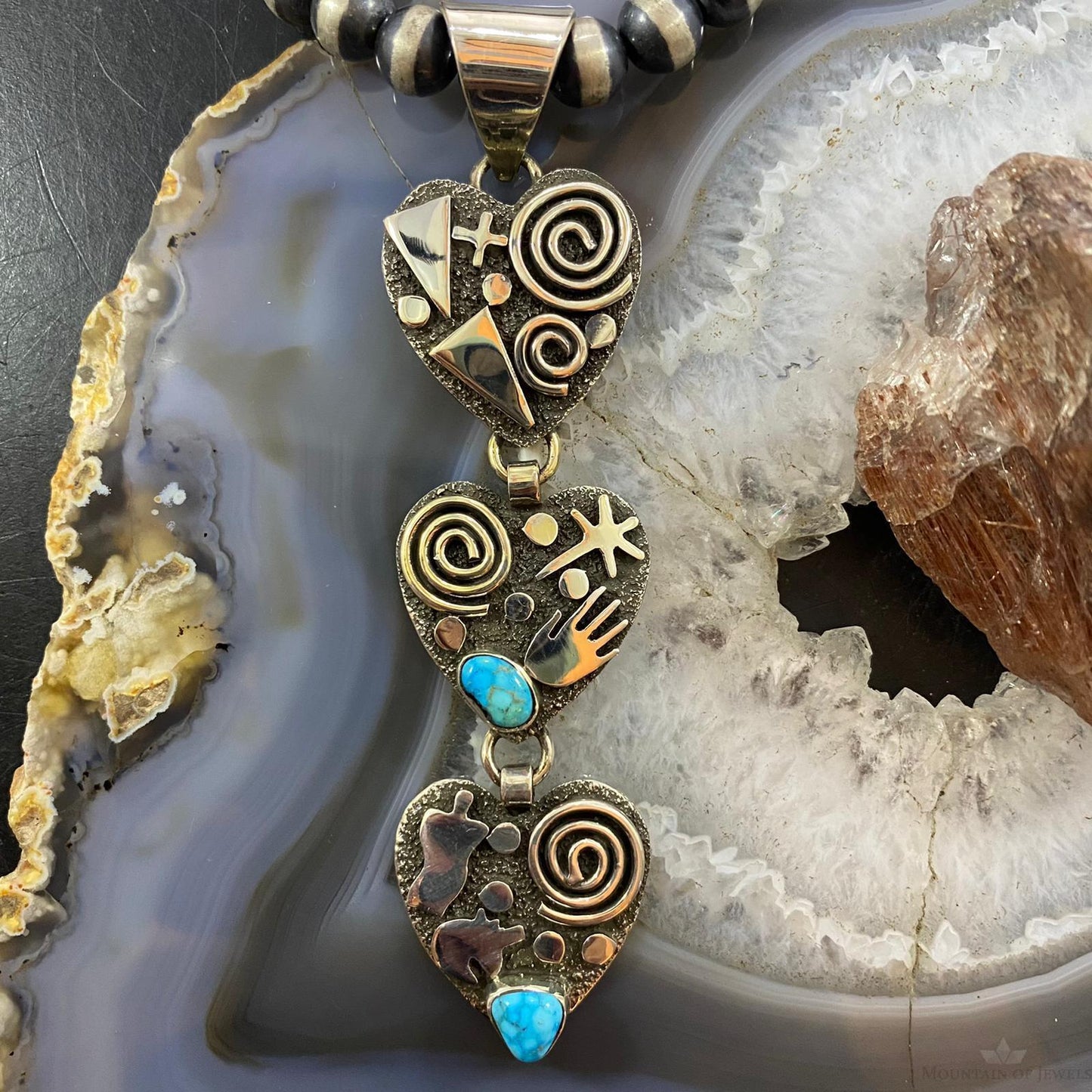Alex Sanchez Native American Sterling Silver Triple Petroglyph Heart w/Turquoise Pendant For Women #5