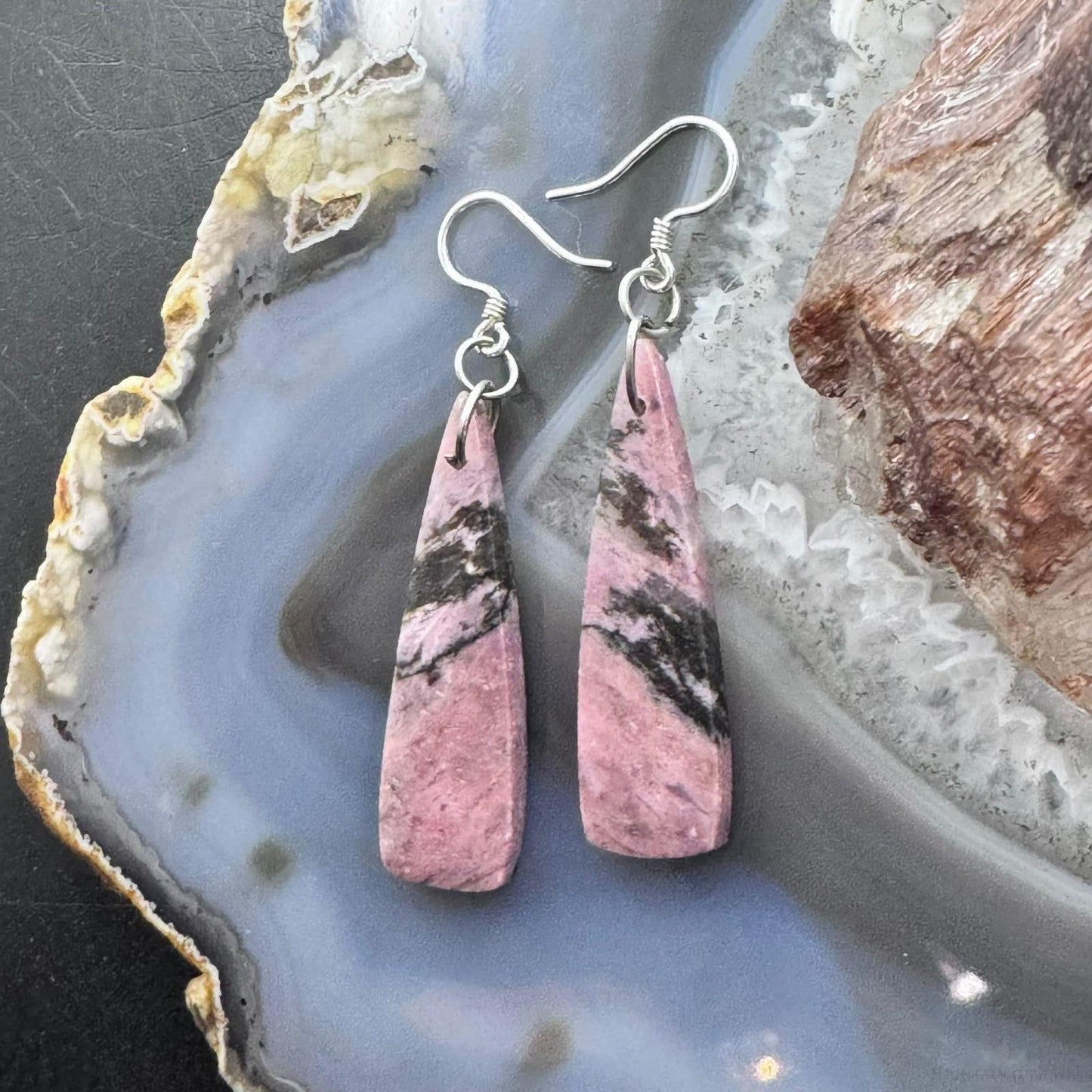 Sterling Silver Elongated Triangle Rhodonite Slab Dangle Earrings For Women #241