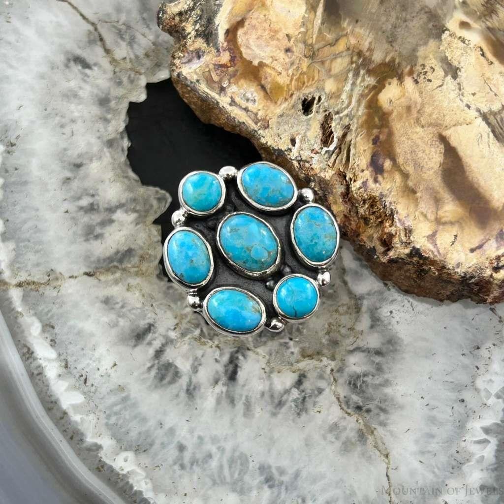 Sterling Silver Southwestern Style Mohave Turquoise Cluster Ring Size 7.75 For Women