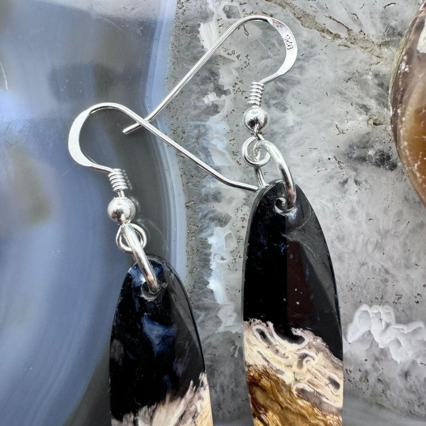 Sterling Silver Elongated Oval Plum Root Jasper Slab Dangle Earrings For Women #230