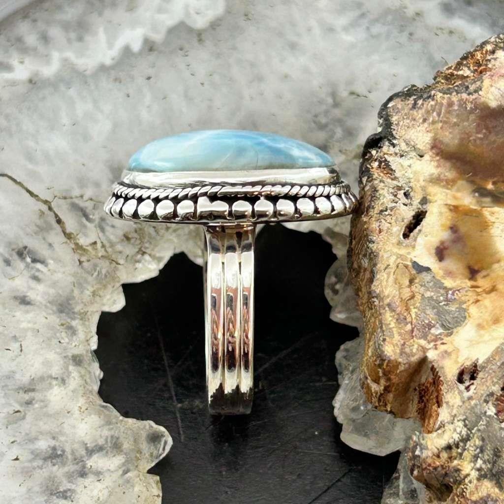 Sterling Silver Southwestern Style Oval Larimar Decorated Bar Ring Size 7 For Women
