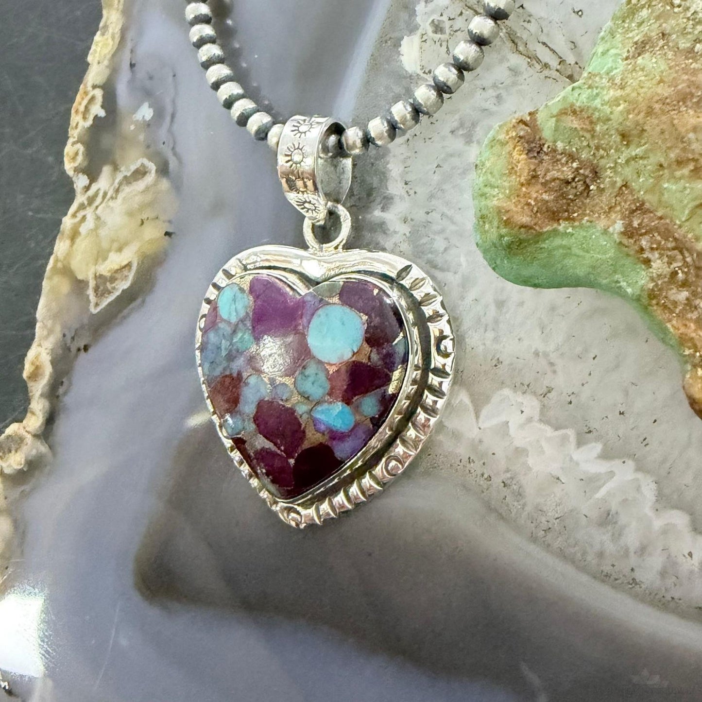 Sterling Silver Southwestern Style Purple Dahlia Heart Pendant For Women