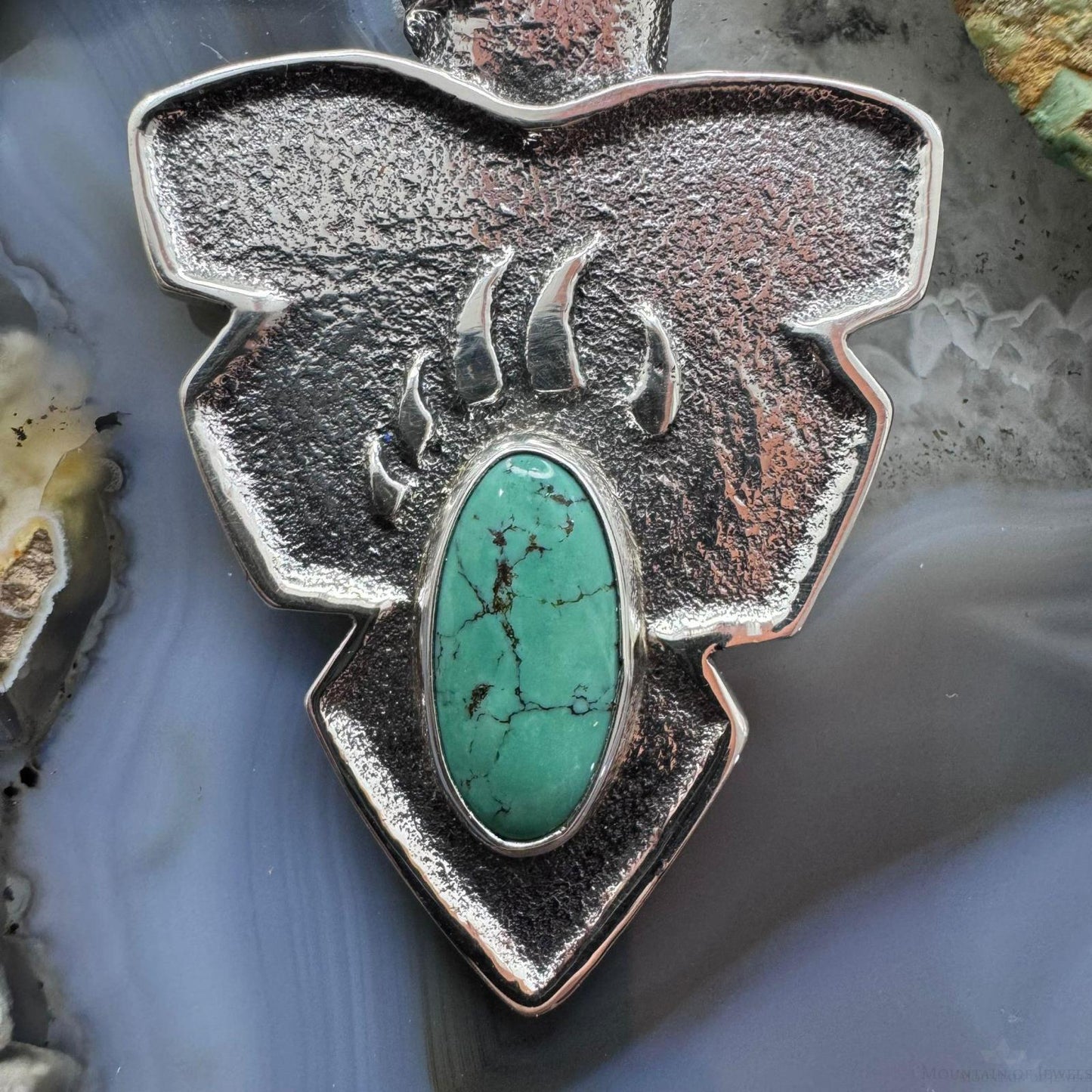 Gary Custer Sterling Silver  Tufa Cast Turquoise Bear Claw Arrowhead Unisex Pendant