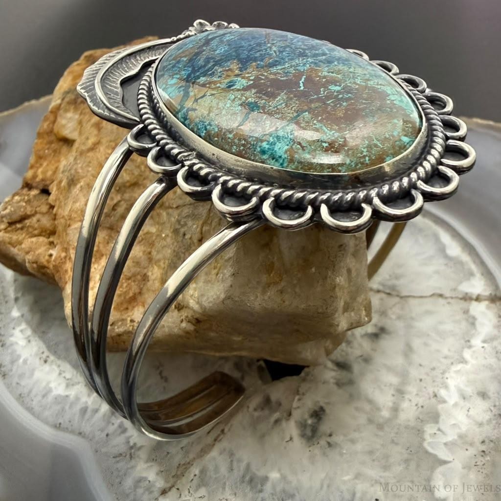 Sterling Silver Southwestern Style Oval Chrysocolla Decorated Bracelet For Women