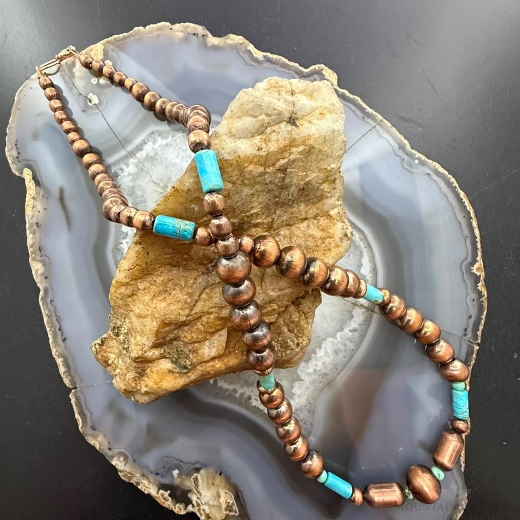 Southwestern Style Copper Navajo Pearl & Cylinder w/Sediment Jasper 18" Necklace For Women